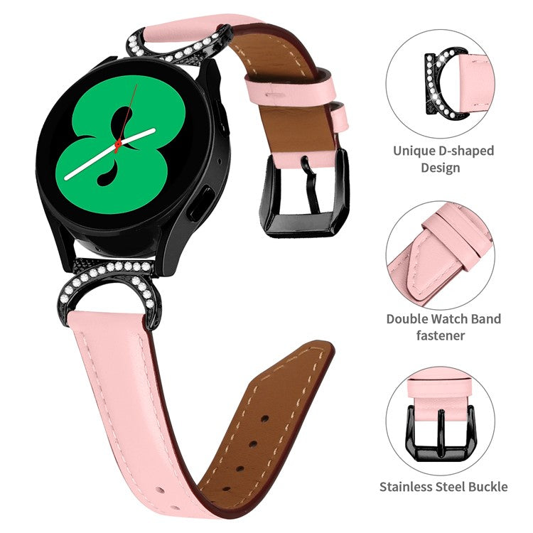 For Samsung Galaxy Watch 3 41mm / Watch 5 40mm / 44mm Replacement Wrist Band 20mm Rhinestone D-shape Connector Split Leather Strap with Black Buckle - Pink