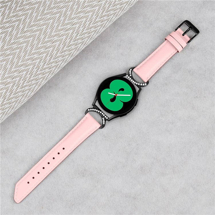 For Samsung Galaxy Watch 3 41mm / Watch 5 40mm / 44mm Replacement Wrist Band 20mm Rhinestone D-shape Connector Split Leather Strap with Black Buckle - Pink