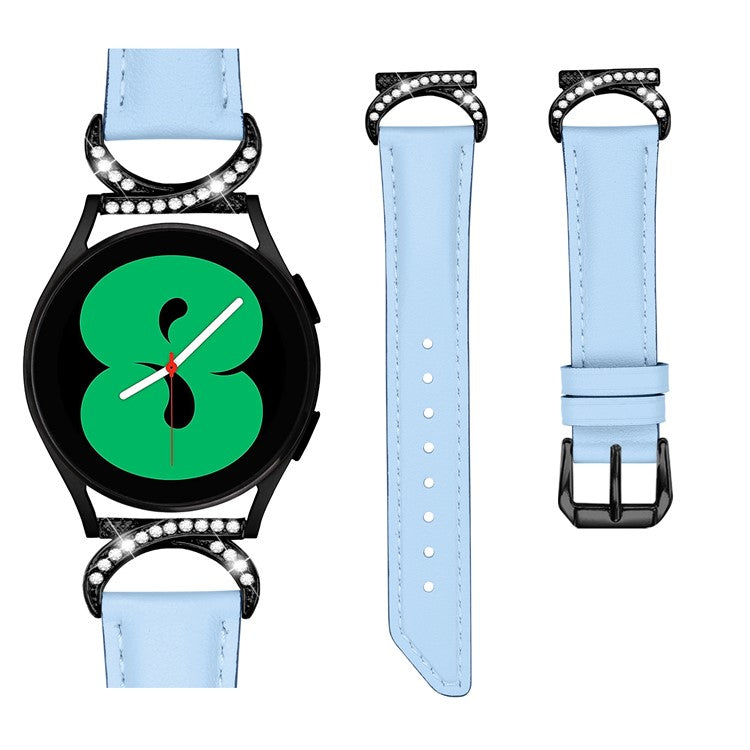 For Samsung Galaxy Watch 3 41mm / Watch 5 40mm / 44mm Replacement Wrist Band 20mm Rhinestone D-shape Connector Split Leather Strap with Black Buckle - Blue