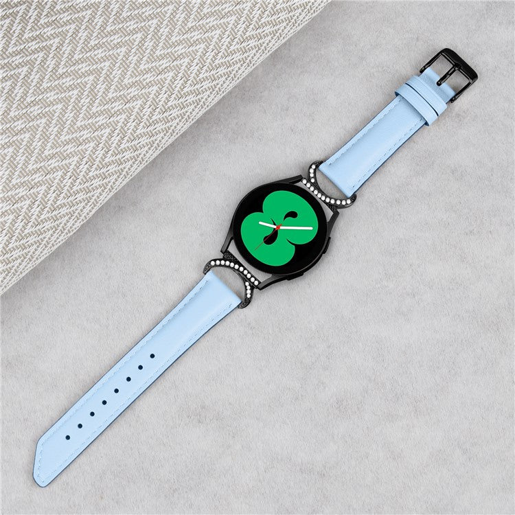 For Samsung Galaxy Watch 3 41mm / Watch 5 40mm / 44mm Replacement Wrist Band 20mm Rhinestone D-shape Connector Split Leather Strap with Black Buckle - Blue