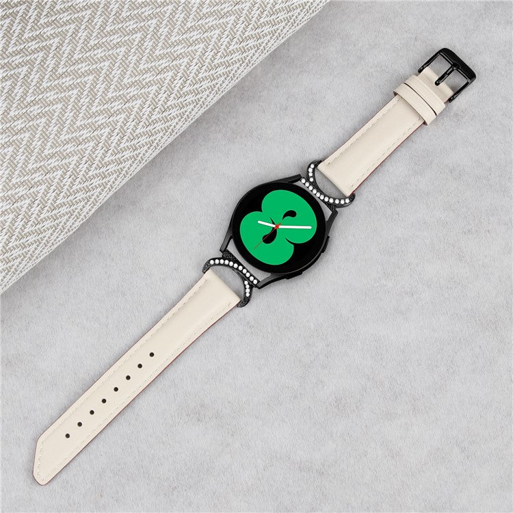 For Samsung Galaxy Watch 3 41mm / Watch 5 40mm / 44mm Replacement Wrist Band 20mm Rhinestone D-shape Connector Split Leather Strap with Black Buckle - Apricot