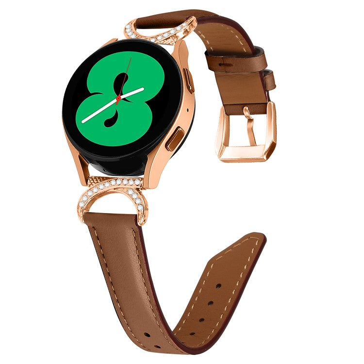 For Samsung Galaxy Watch 3 41mm / Watch 5 40mm / 44mm Split Leather Strap 20mm Rhinestone D-shape Connector Wrist Band with Rose Gold Buckle - Brown