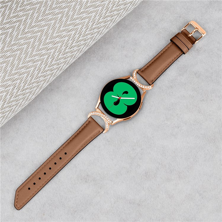 For Samsung Galaxy Watch 3 41mm / Watch 5 40mm / 44mm Split Leather Strap 20mm Rhinestone D-shape Connector Wrist Band with Rose Gold Buckle - Brown