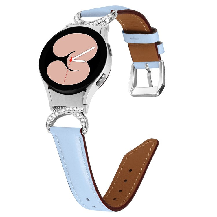 For Samsung Galaxy Watch6 40mm 44mm / Watch6 Classic 43mm 47mm / Watch 5 40mm 44mm / Watch4 40mm 44mm Replacement Split Leather Strap Rhinestone D-shape Connector Wrist Band with Silver Buckle - Blue