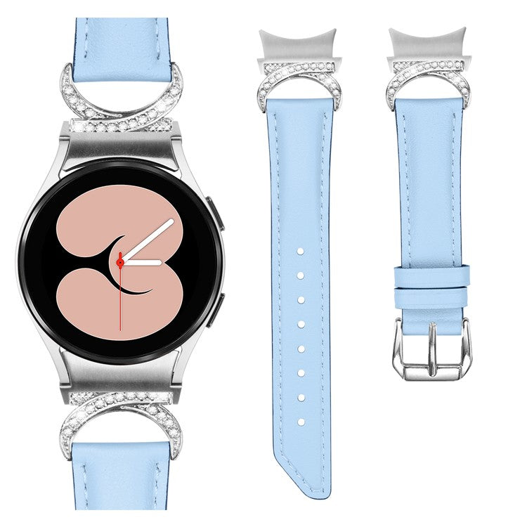 For Samsung Galaxy Watch6 40mm 44mm / Watch6 Classic 43mm 47mm / Watch 5 40mm 44mm / Watch4 40mm 44mm Replacement Split Leather Strap Rhinestone D-shape Connector Wrist Band with Silver Buckle - Blue