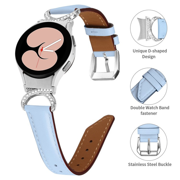 For Samsung Galaxy Watch6 40mm 44mm / Watch6 Classic 43mm 47mm / Watch 5 40mm 44mm / Watch4 40mm 44mm Replacement Split Leather Strap Rhinestone D-shape Connector Wrist Band with Silver Buckle - Blue