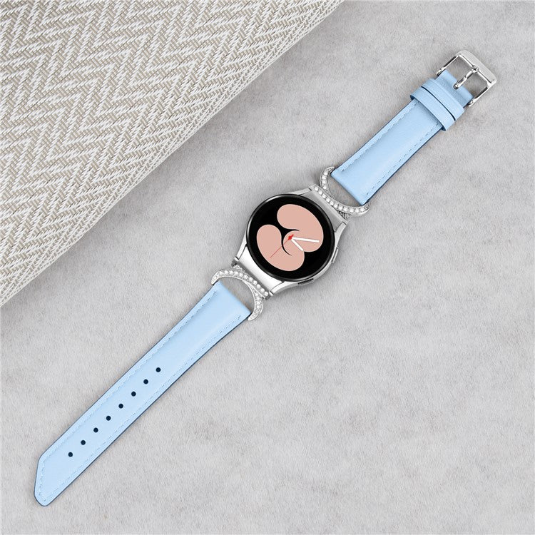 For Samsung Galaxy Watch6 40mm 44mm / Watch6 Classic 43mm 47mm / Watch 5 40mm 44mm / Watch4 40mm 44mm Replacement Split Leather Strap Rhinestone D-shape Connector Wrist Band with Silver Buckle - Blue