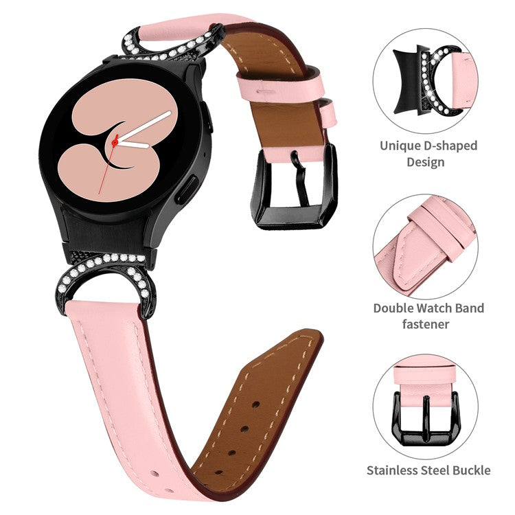 For Samsung Galaxy Watch6 40mm 44mm / Watch6 Classic 43mm 47mm / Watch 5 40mm 44mm / Watch4 40mm 44mm Split Leather Strap Rhinestone D-shape Connector Replacement Band with Black Buckle - Pink