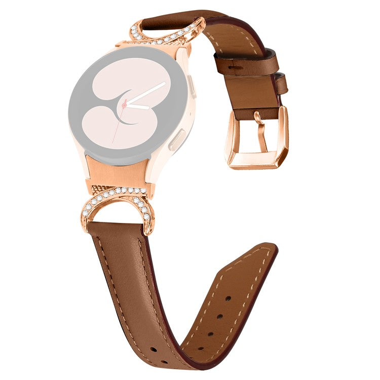 For Samsung Galaxy Watch6 40mm 44mm / Watch6 Classic 43mm 47mm / Watch 5 40mm 44mm / Watch4 40mm 44mm Rhinestone D-shape Connector Wrist Band Adjustable Split Leather Strap with Rose Gold Buckle - Brown