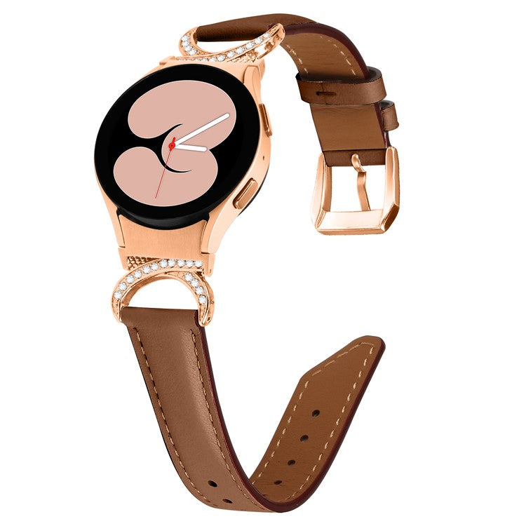 For Samsung Galaxy Watch6 40mm 44mm / Watch6 Classic 43mm 47mm / Watch 5 40mm 44mm / Watch4 40mm 44mm Rhinestone D-shape Connector Wrist Band Adjustable Split Leather Strap with Rose Gold Buckle - Brown