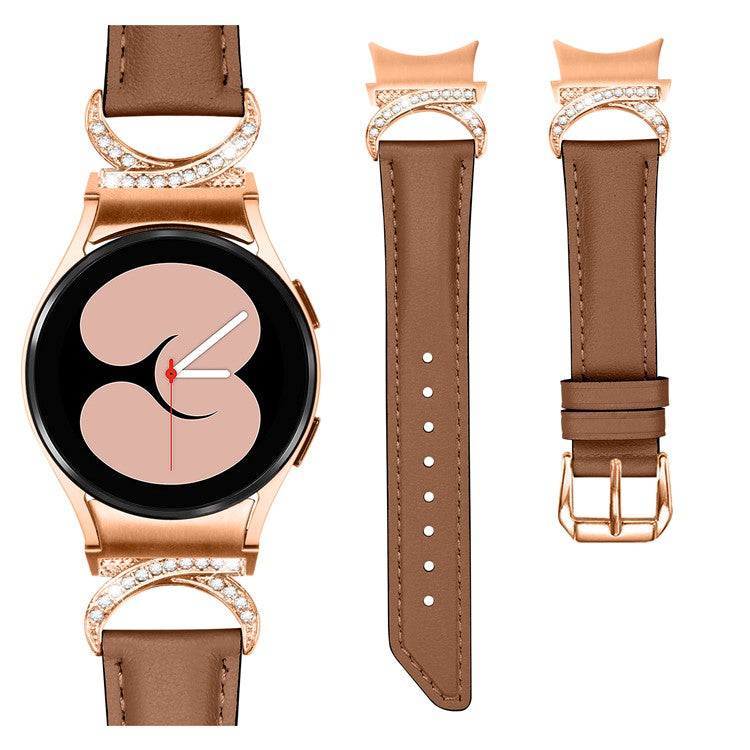 For Samsung Galaxy Watch6 40mm 44mm / Watch6 Classic 43mm 47mm / Watch 5 40mm 44mm / Watch4 40mm 44mm Rhinestone D-shape Connector Wrist Band Adjustable Split Leather Strap with Rose Gold Buckle - Brown