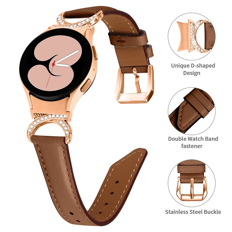 For Samsung Galaxy Watch6 40mm 44mm / Watch6 Classic 43mm 47mm / Watch 5 40mm 44mm / Watch4 40mm 44mm Rhinestone D-shape Connector Wrist Band Adjustable Split Leather Strap with Rose Gold Buckle - Brown