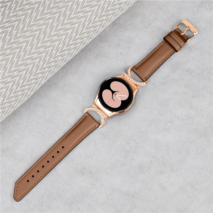 For Samsung Galaxy Watch6 40mm 44mm / Watch6 Classic 43mm 47mm / Watch 5 40mm 44mm / Watch4 40mm 44mm Rhinestone D-shape Connector Wrist Band Adjustable Split Leather Strap with Rose Gold Buckle - Brown