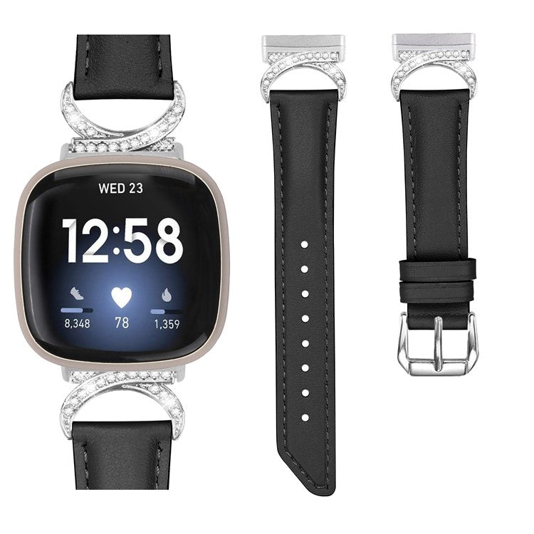 For Fitbit Versa 3 / Versa 4 / Sense / Sense 2 Rhinestone D-shape Connector Wrist Band Split Leather Watch Strap with Silver Buckle - Black