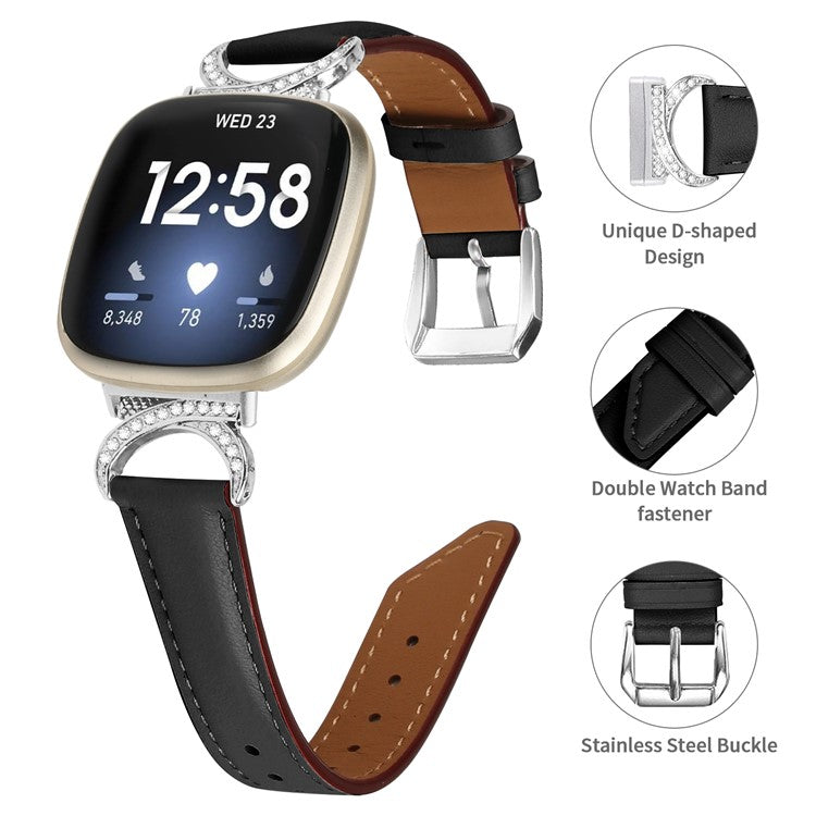 For Fitbit Versa 3 / Versa 4 / Sense / Sense 2 Rhinestone D-shape Connector Wrist Band Split Leather Watch Strap with Silver Buckle - Black