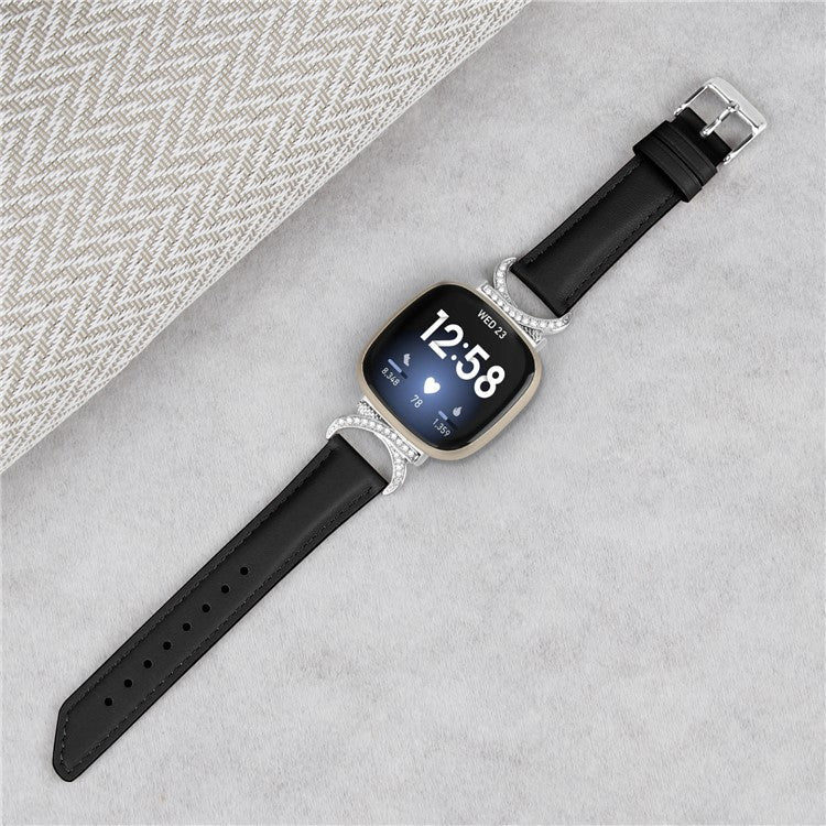 For Fitbit Versa 3 / Versa 4 / Sense / Sense 2 Rhinestone D-shape Connector Wrist Band Split Leather Watch Strap with Silver Buckle - Black