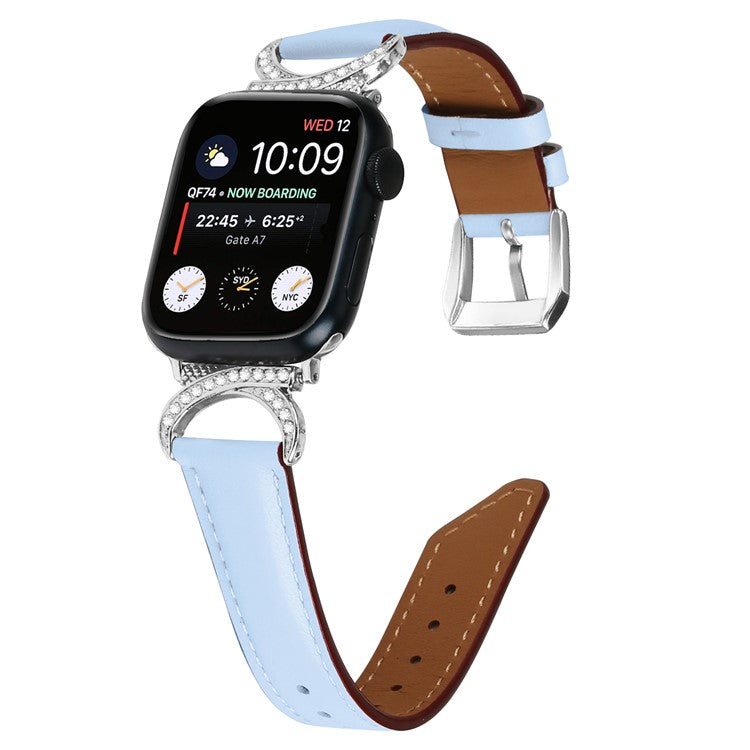 Genuine Cowhide Leather Watch Band for Apple Watch Series 10 42mm / 9 8 7 41mm / SE (2023) SE (2022) SE 6 5 4 40mm / 3 2 1 38mm Rhinestone Decor Strap Bracelet Strap with Silver Buckle - Blue