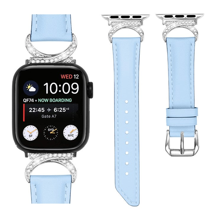 Genuine Cowhide Leather Watch Band for Apple Watch Series 10 42mm / 9 8 7 41mm / SE (2023) SE (2022) SE 6 5 4 40mm / 3 2 1 38mm Rhinestone Decor Strap Bracelet Strap with Silver Buckle - Blue