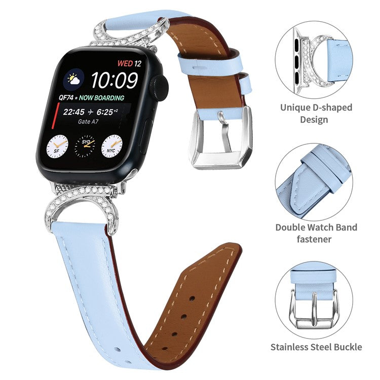 Genuine Cowhide Leather Watch Band for Apple Watch Series 10 42mm / 9 8 7 41mm / SE (2023) SE (2022) SE 6 5 4 40mm / 3 2 1 38mm Rhinestone Decor Strap Bracelet Strap with Silver Buckle - Blue