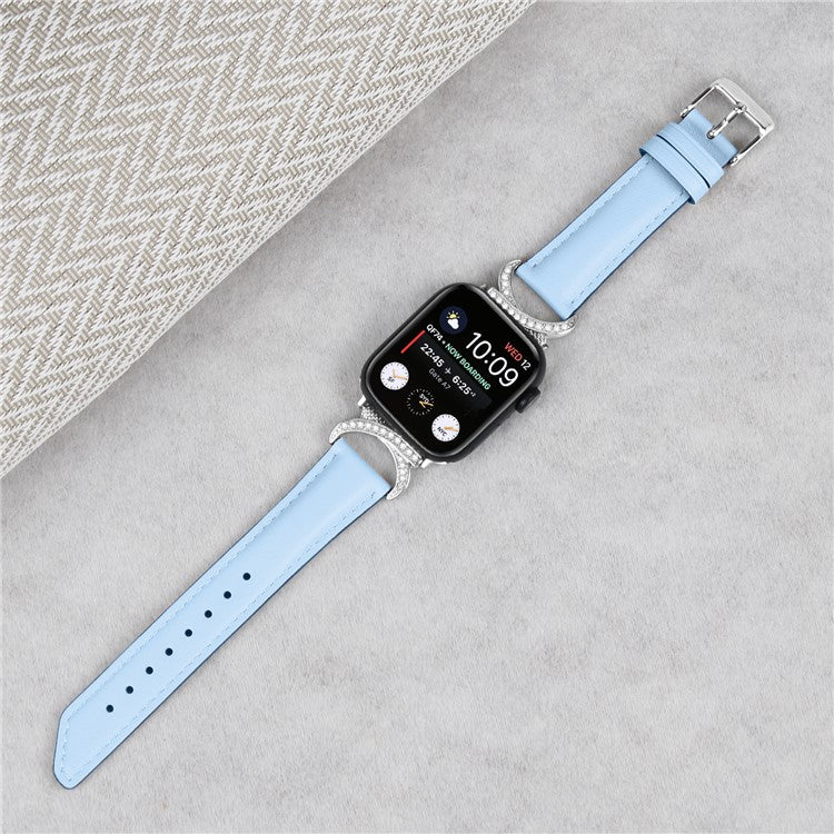 Genuine Cowhide Leather Watch Band for Apple Watch Series 10 42mm / 9 8 7 41mm / SE (2023) SE (2022) SE 6 5 4 40mm / 3 2 1 38mm Rhinestone Decor Strap Bracelet Strap with Silver Buckle - Blue