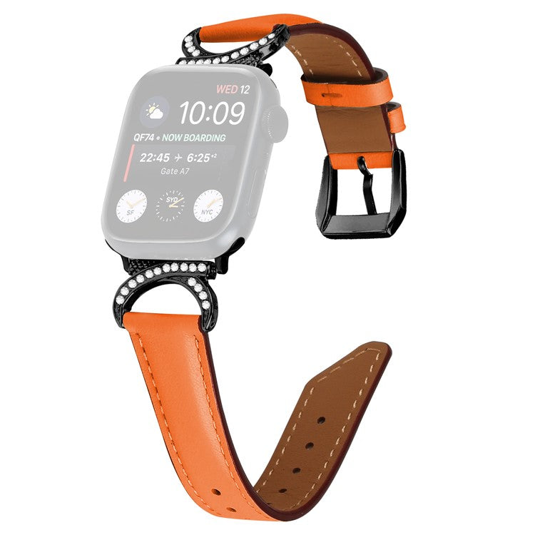 Genuine Cowhide Leather Band for Apple Watch Series 10 42mm / 9 8 7 41mm / SE (2023) SE (2022) SE 6 5 4 40mm / 3 2 1 38mm Rhinestone Decor Watch Strap with Black Buckle - Orange