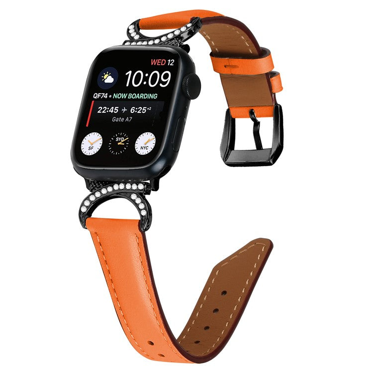Genuine Cowhide Leather Band for Apple Watch Series 10 42mm / 9 8 7 41mm / SE (2023) SE (2022) SE 6 5 4 40mm / 3 2 1 38mm Rhinestone Decor Watch Strap with Black Buckle - Orange