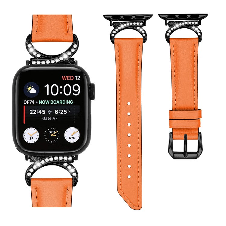 Genuine Cowhide Leather Band for Apple Watch Series 10 42mm / 9 8 7 41mm / SE (2023) SE (2022) SE 6 5 4 40mm / 3 2 1 38mm Rhinestone Decor Watch Strap with Black Buckle - Orange