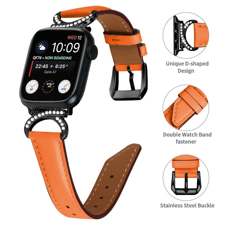 Genuine Cowhide Leather Band for Apple Watch Series 10 42mm / 9 8 7 41mm / SE (2023) SE (2022) SE 6 5 4 40mm / 3 2 1 38mm Rhinestone Decor Watch Strap with Black Buckle - Orange