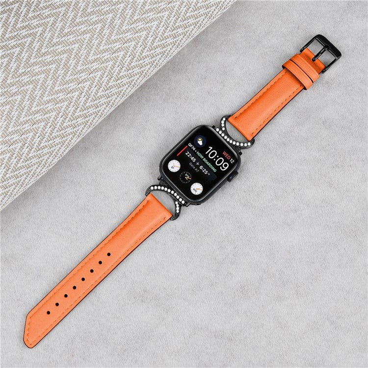 Genuine Cowhide Leather Band for Apple Watch Series 10 42mm / 9 8 7 41mm / SE (2023) SE (2022) SE 6 5 4 40mm / 3 2 1 38mm Rhinestone Decor Watch Strap with Black Buckle - Orange