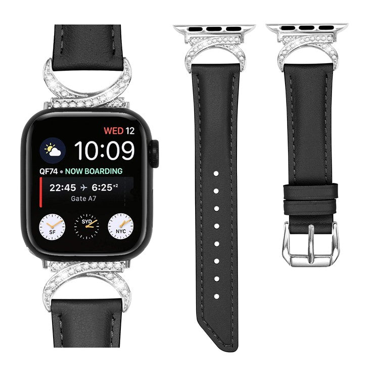 Watch Band for Apple Watch Series 10 46mm / Ultra 2 Ultra 49mm / Series 9 8 7 45mm / 6 5 4 SE (2023) SE (2022) SE 44mm / 3 2 1 42mm Genuine Cowhide Leather Rhinestone Strap with Silver Buckle - Black
