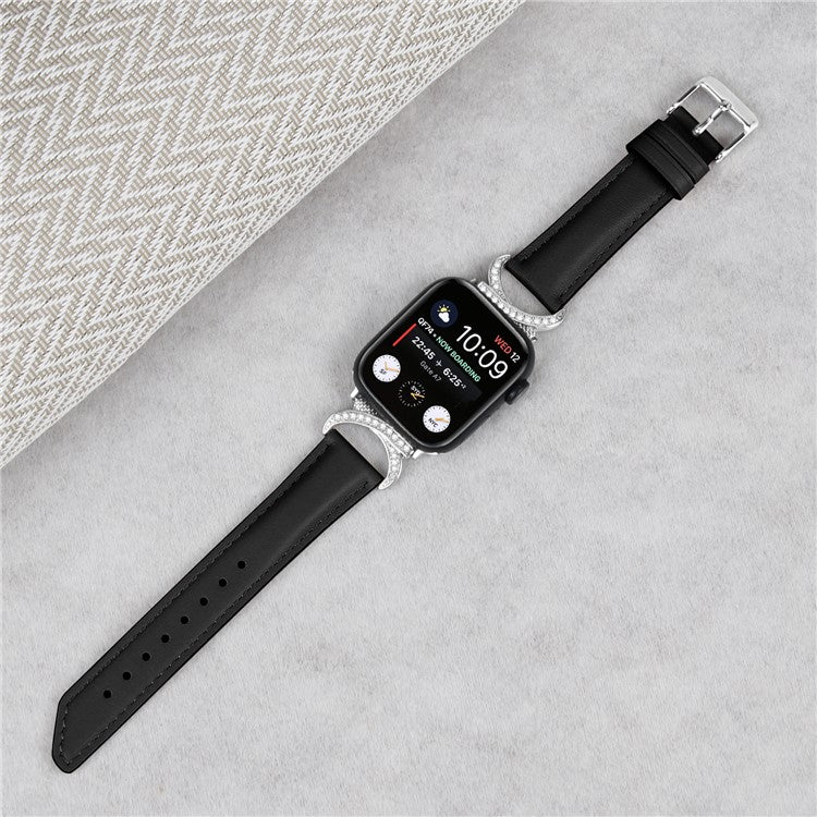 Watch Band for Apple Watch Series 10 46mm / Ultra 2 Ultra 49mm / Series 9 8 7 45mm / 6 5 4 SE (2023) SE (2022) SE 44mm / 3 2 1 42mm Genuine Cowhide Leather Rhinestone Strap with Silver Buckle - Black