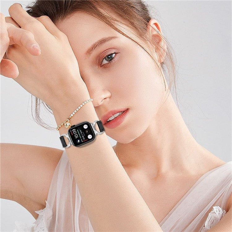Watch Band for Apple Watch Series 10 46mm / Ultra 2 Ultra 49mm / Series 9 8 7 45mm / 6 5 4 SE (2023) SE (2022) SE 44mm / 3 2 1 42mm Genuine Cowhide Leather Rhinestone Strap with Silver Buckle - Black