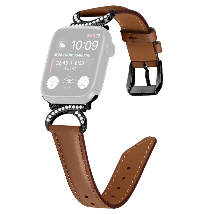 Genuine Cowhide Leather Wristband for Apple Watch Series 10 46mm / Ultra 2 Ultra 49mm / Series 9 8 7 45mm / 6 5 4 SE (2023) SE (2022) SE 44mm / 3 2 1 42mm Rhinestone Strap with Black Buckle - Brown