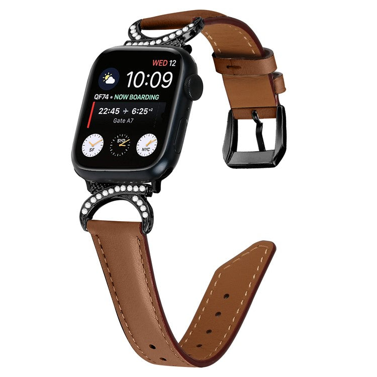 Genuine Cowhide Leather Wristband for Apple Watch Series 10 46mm / Ultra 2 Ultra 49mm / Series 9 8 7 45mm / 6 5 4 SE (2023) SE (2022) SE 44mm / 3 2 1 42mm Rhinestone Strap with Black Buckle - Brown