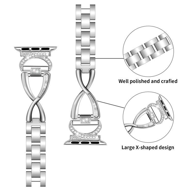 Alloy Watch Band for Apple Watch Series 10 42mm / 9 8 7 41mm / SE (2023) SE (2022) SE 6 5 4 40mm / 3 2 1 38mm Rhinestones Decor Wrist Strap - Silver