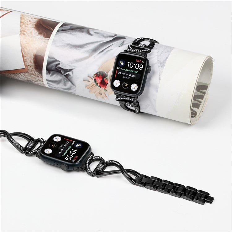 Watch Band for Apple Watch Series 10 46mm / Ultra 2 Ultra 49mm / Series 9 8 7 45mm / 6 5 4 SE (2023) SE (2022) SE 44mm / 3 2 1 42mm Rhinestones Decor Alloy Strap - Black