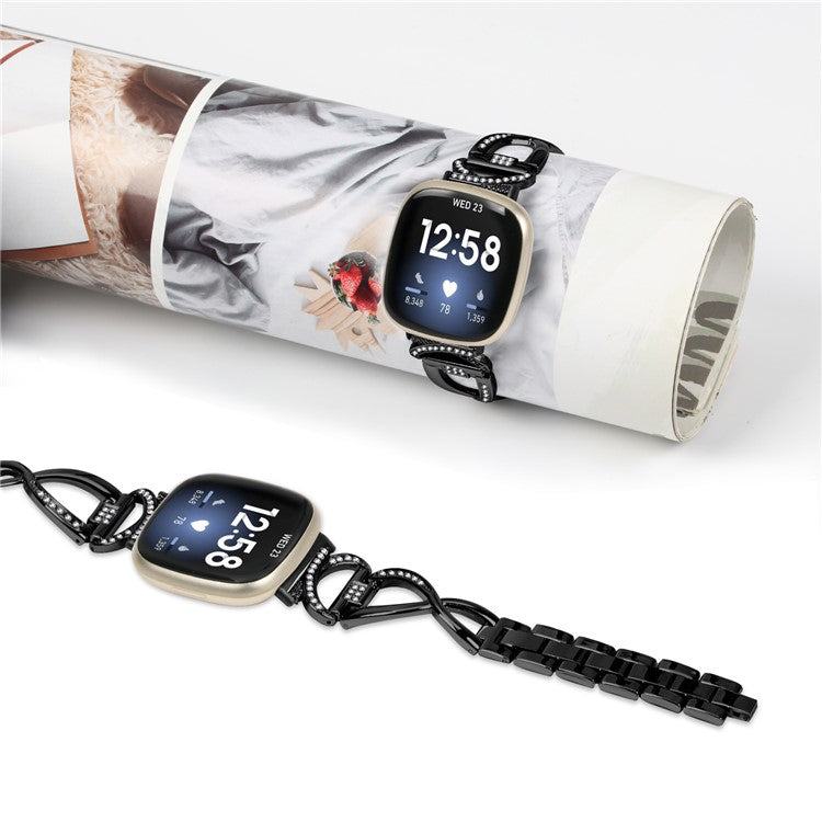 Alloy Watch Band for Fitbit Versa 3 / Versa 4 / Sense 2 , Rhinestones Decor Strap Stylish Bling Bracelet - Black