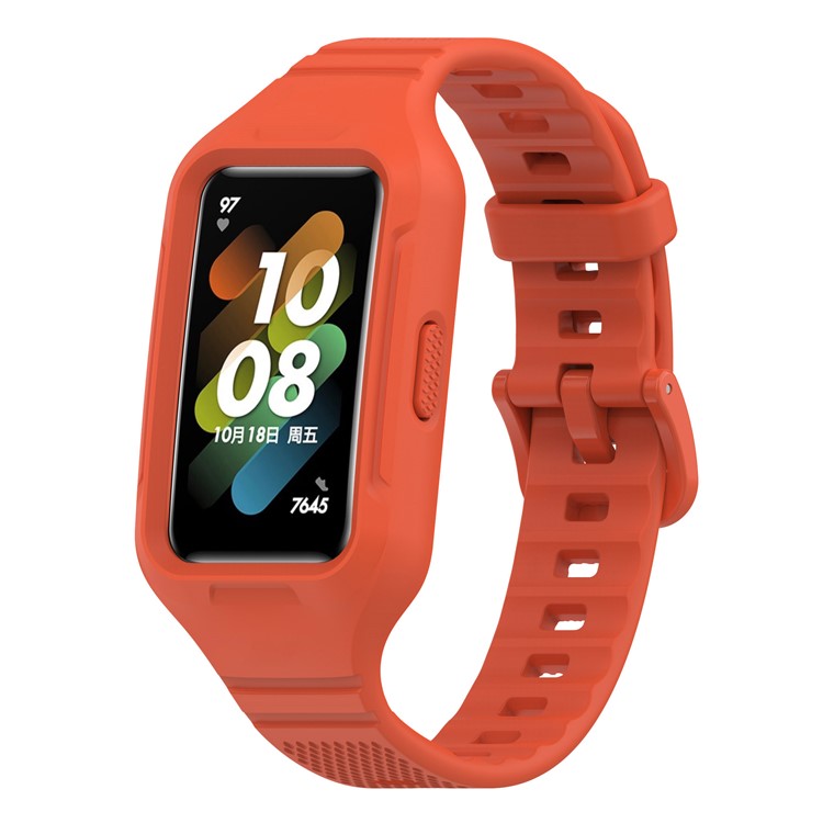 For Huawei Band 6 / 6 Pro / Band 7 / Band 8 / Band 8 NFC / Band 9 / Band 9 NFC / Honor Band 6 / 7 Silicone Watch Band with Case - Red Tea Orange