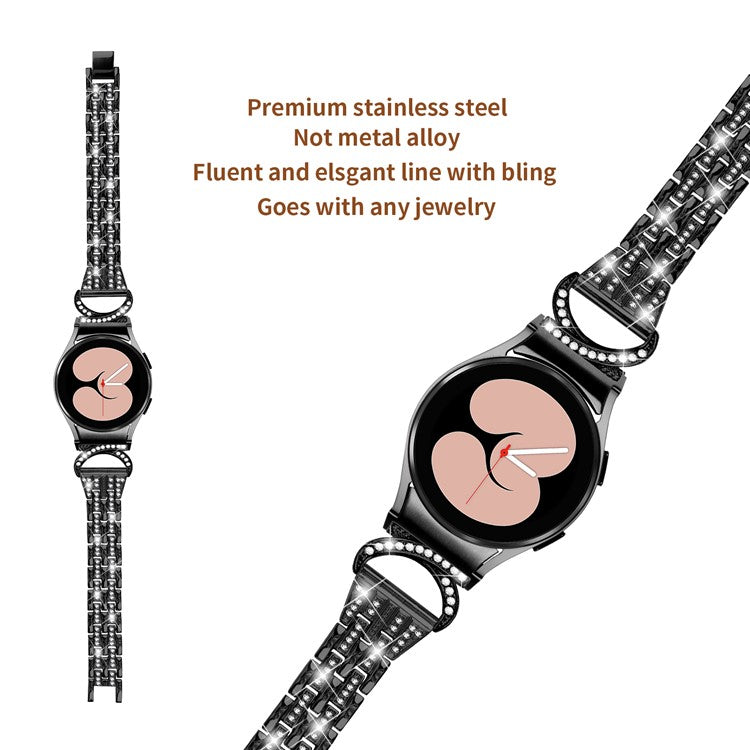 Bling Band for Samsung Galaxy Watch6 40mm 44mm / Watch6 Classic 43mm 47mm / Watch 5 40mm 44mm / Watch4 40mm 44mm , Rhinestone Decor Stainless Steel 5-Bead Watch Strap with Connector - Black