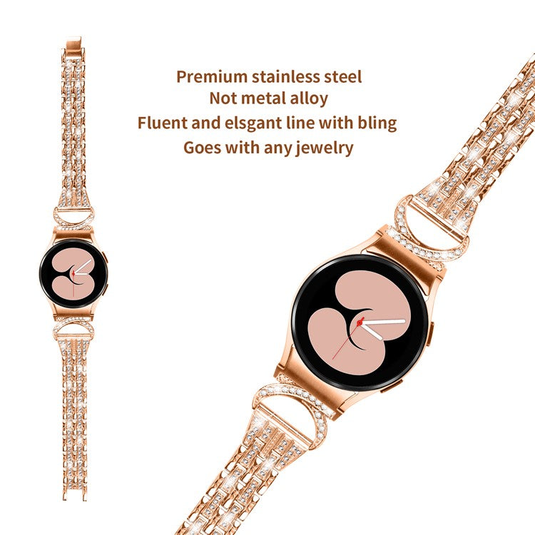 Bling Band for Samsung Galaxy Watch6 40mm 44mm / Watch6 Classic 43mm 47mm / Watch 5 40mm 44mm / Watch4 40mm 44mm , Rhinestone Decor Stainless Steel 5-Bead Watch Strap with Connector - Rose Gold