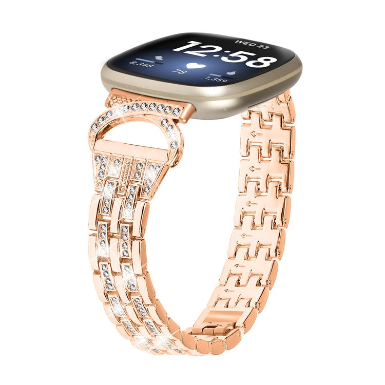 For Fitbit Versa 4 / Sense 2 Bling Rhinestone Decor Band 5-Bead Stainless Steel Watch Strap Bracelet - Rose Gold