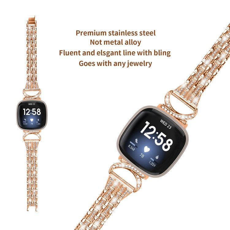 For Fitbit Versa 4 / Sense 2 Bling Rhinestone Decor Band 5-Bead Stainless Steel Watch Strap Bracelet - Rose Gold