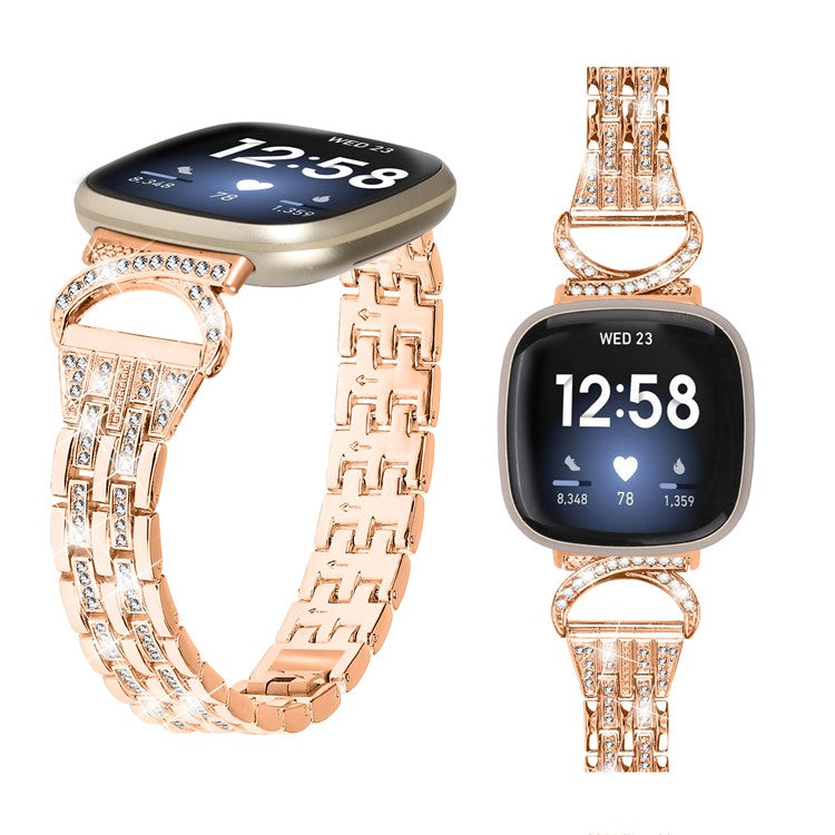 For Fitbit Versa 4 / Sense 2 Bling Rhinestone Decor Band 5-Bead Stainless Steel Watch Strap Bracelet - Rose Gold