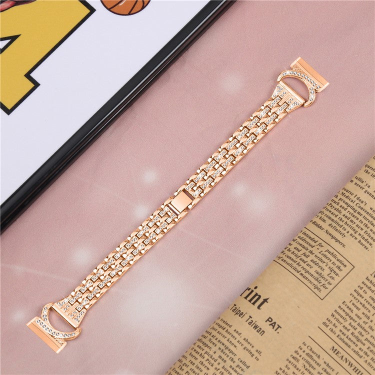 For Fitbit Versa 4 / Sense 2 Bling Rhinestone Decor Band 5-Bead Stainless Steel Watch Strap Bracelet - Rose Gold