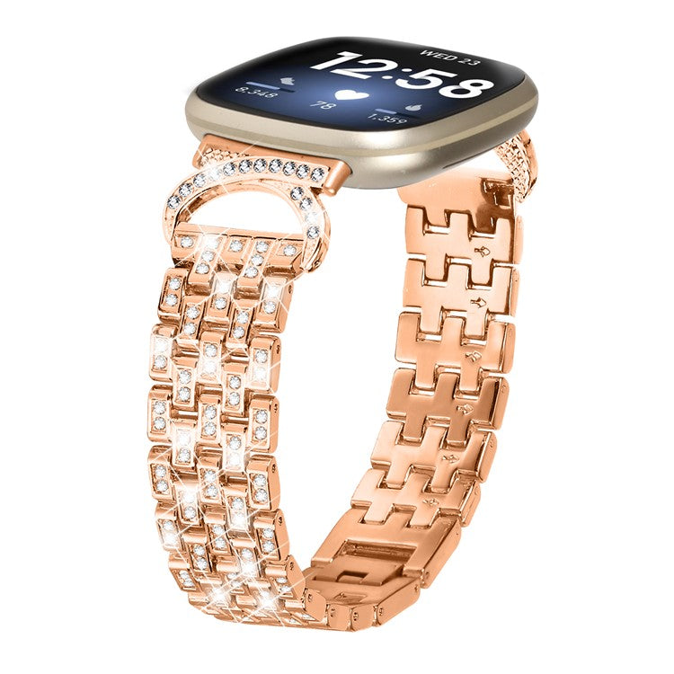For Fitbit Versa 3 / Sense Stainless Steel Watch Band 5-Bead Rhinestone Decor Metal Bracelet - Rose Gold