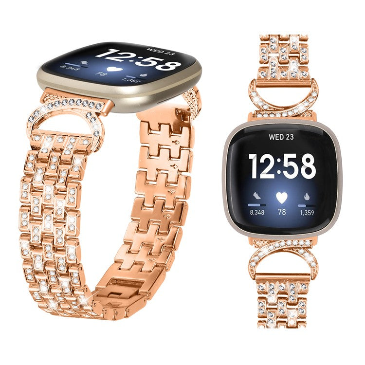 For Fitbit Versa 3 / Sense Stainless Steel Watch Band 5-Bead Rhinestone Decor Metal Bracelet - Rose Gold