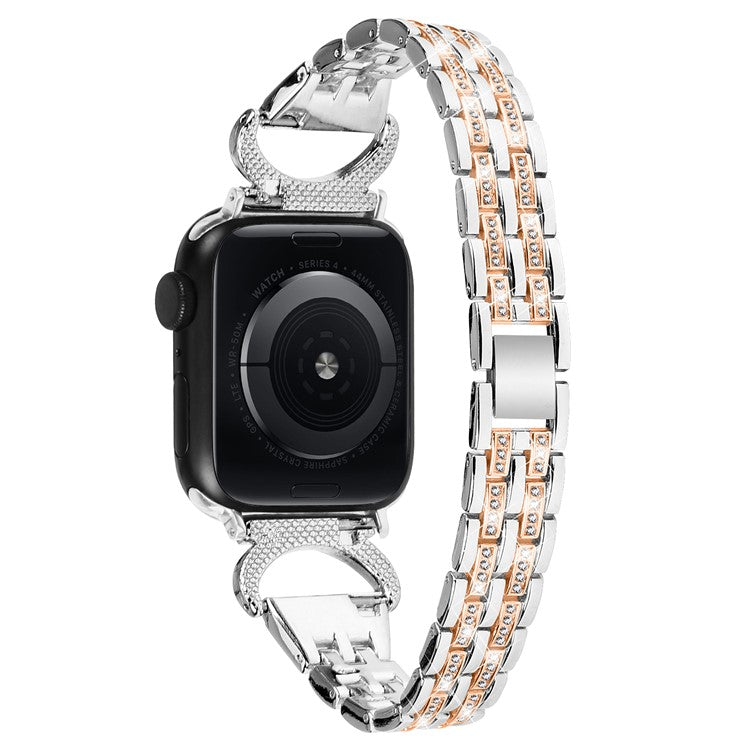 Watch Band for Apple Watch Series 10 42mm / 9 8 7 41mm / SE (2023) SE (2022) SE 6 5 4 40mm / 3 2 1 38mm Stainless Steel Rhinestone Decor 5-Bead Strap - Silver+Rose Gold