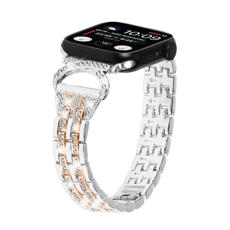 Watch Band for Apple Watch Series 10 42mm / 9 8 7 41mm / SE (2023) SE (2022) SE 6 5 4 40mm / 3 2 1 38mm Stainless Steel Rhinestone Decor 5-Bead Strap - Silver+Rose Gold