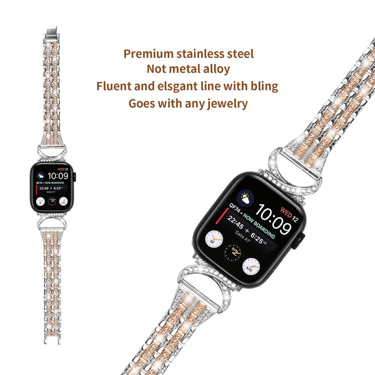 Watch Band for Apple Watch Series 10 42mm / 9 8 7 41mm / SE (2023) SE (2022) SE 6 5 4 40mm / 3 2 1 38mm Stainless Steel Rhinestone Decor 5-Bead Strap - Silver+Rose Gold