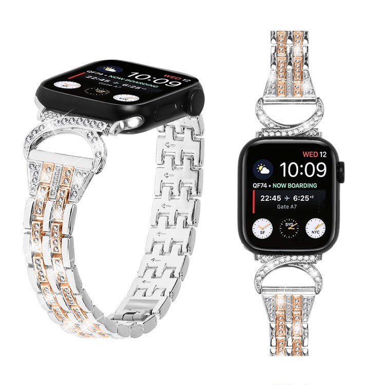 Watch Band for Apple Watch Series 10 42mm / 9 8 7 41mm / SE (2023) SE (2022) SE 6 5 4 40mm / 3 2 1 38mm Stainless Steel Rhinestone Decor 5-Bead Strap - Silver+Rose Gold